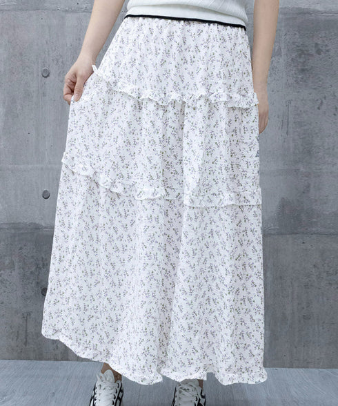 フリルティアード 小花柄 ロングスカート レディース ティアードスカート きれいめ 体型カバースカート着やせ 大人可愛い新作ハイウエストスカート 裏地付きスカート 98JLIY-001